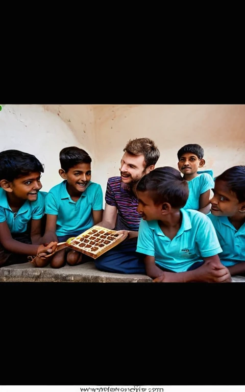 young man visits an orphanage in india and The young man gives chocolates to the children in the orphanage