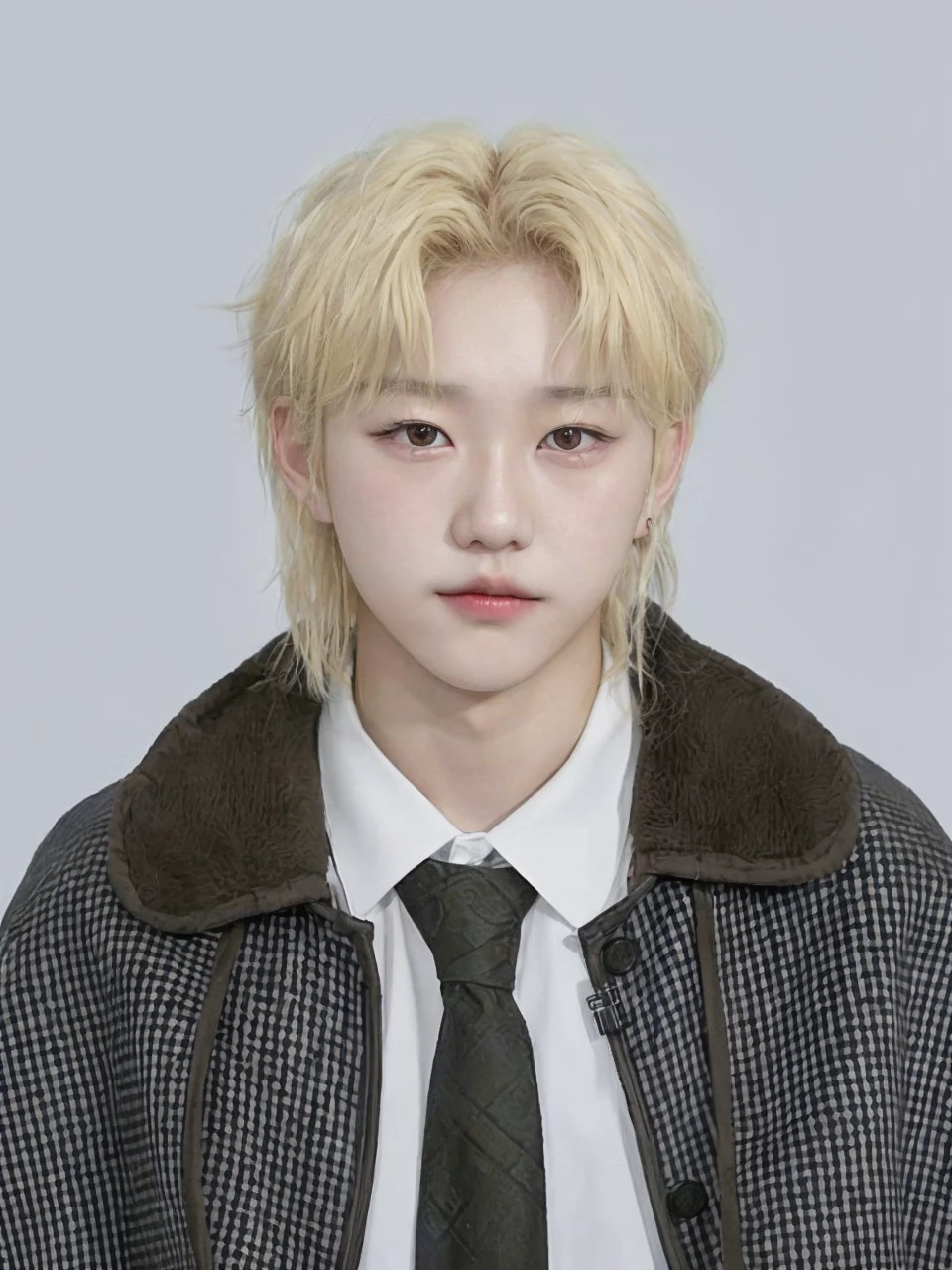 Korean boy. Characteristics: blonde hair + locks falling on the forehead + brown eyes. (Félix from the band SKZ - Stray Kids)