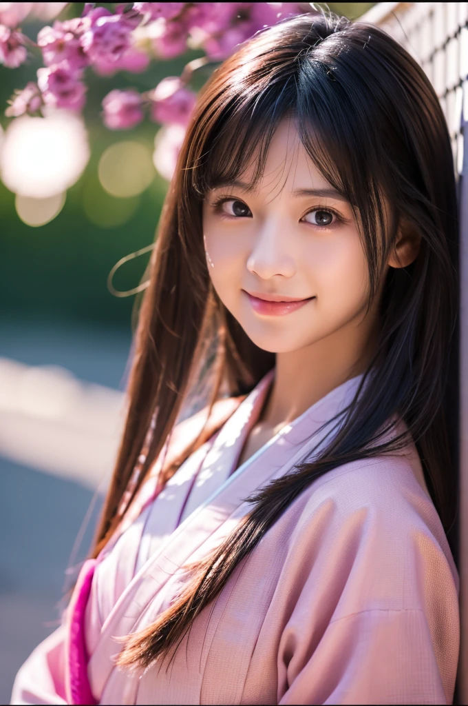 masterpiece, (Reality:1.5), Realistic eyes, Asian woman, best quality, Beautiful Lights, Professional lighting, Photon Mapping, Radiosity, Physically Based Rendering,, Nezuko Kamado, 1 Girl, Black Hair, forehead, hair Ribbon, Japanese clothes, kimono, Long hair, Colorful hair, open mouth, Pink Eyes, pink kimono, pink Ribbon, Ribbon, Smile, very Long hair, Sky, ((grown up)),, (RAW photos, 8K Ultra HD, Film Grain)