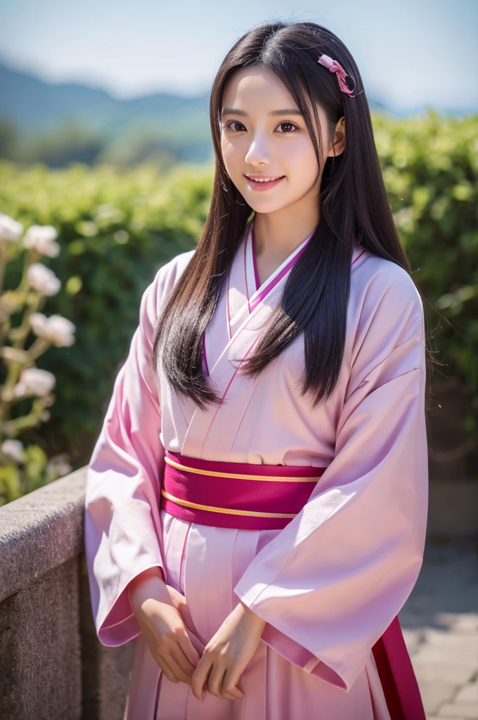 masterpiece, (Reality:1.5), Realistic eyes, Asian woman, best quality, Beautiful Lights, Professional lighting, Photon Mapping, Radiosity, Physically Based Rendering,, Nezuko Kamado, 1 Girl, Black Hair, forehead, hair Ribbon, Japanese clothes, kimono, Long hair, Colorful hair, open mouth, Pink Eyes, pink kimono, pink Ribbon, Ribbon, Smile, very Long hair, Sky, ((grown up)),, (RAW photos, 8K Ultra HD, Film Grain)