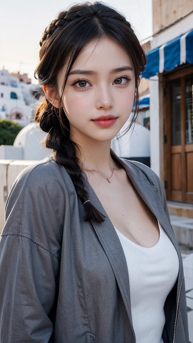 Top-quality Realistic,Official art,Highly detailed CG Unity 8k wallpaper,ultra-detailliert,hight resolution,Physically-based rendering,Magnificat,finely detail,masterpiece,Best Quality,ultra detailed,Mature beauty,Beautiful women,1girl,moist lips,sexy lips,Sexy smile,Gentle smile, 20 years old, Beautiful bare skin,Smooth bare skin, big well-shaped breasts, beautiful cleavage,beautiful Mature body,swept bangs,(french braid:1.3), beautiful detailed eyes,model shoot style,Japanese Idol,full-body, ((Santorini's Oia district)),(With the streets of Oia in the background),BREAK,((naked gray jacket:1.3)),BREAK,model pose,standing position,Delicately expressed eyes,cute smile,A gentle smile like a goddess,walking-model pose,shoot from below,((Extreme close-up)),