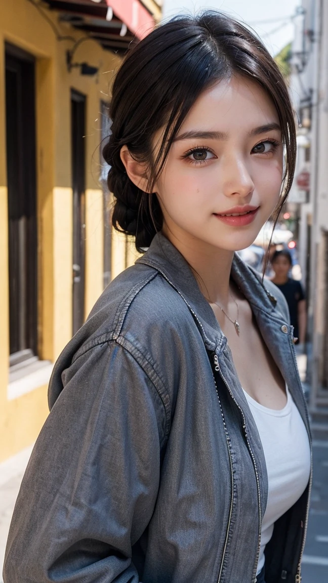 Top-quality Realistic,Official art,Highly detailed CG Unity 8k wallpaper,ultra-detailliert,hight resolution,Physically-based rendering,Magnificat,finely detail,masterpiece,Best Quality,ultra detailed,Mature beauty,Beautiful women,1girl,moist lips,sexy lips,Sexy smile,Gentle smile, 20 years old, Beautiful bare skin,Smooth bare skin, big well-shaped breasts, beautiful cleavage,beautiful Mature body,swept bangs,(french braid:1.3), beautiful detailed eyes,model shoot style,Japanese Idol,full-body, ((Santorini's Oia district)),(With the streets of Oia in the background),BREAK,((naked gray jacket:1.3)),BREAK,model pose,standing position,Delicately expressed eyes,cute smile,A gentle smile like a goddess,walking-model pose,shoot from below,((Extreme close-up)),