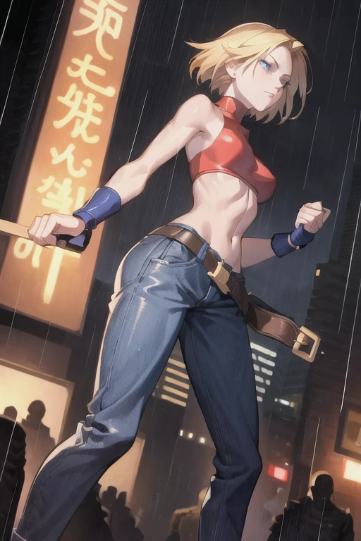 Maryams,best quality,(beauty),masterpiece, 1 Girl,Physically Based Rendering ,Ultra-high resolution,Willow Waist, Skinny,big eyes,Long legs,(Small Breasts),Puffy eyes, night,(rainy city), Glowing skin, For the audience, Fighting Stance, (make a fist),firm expression,