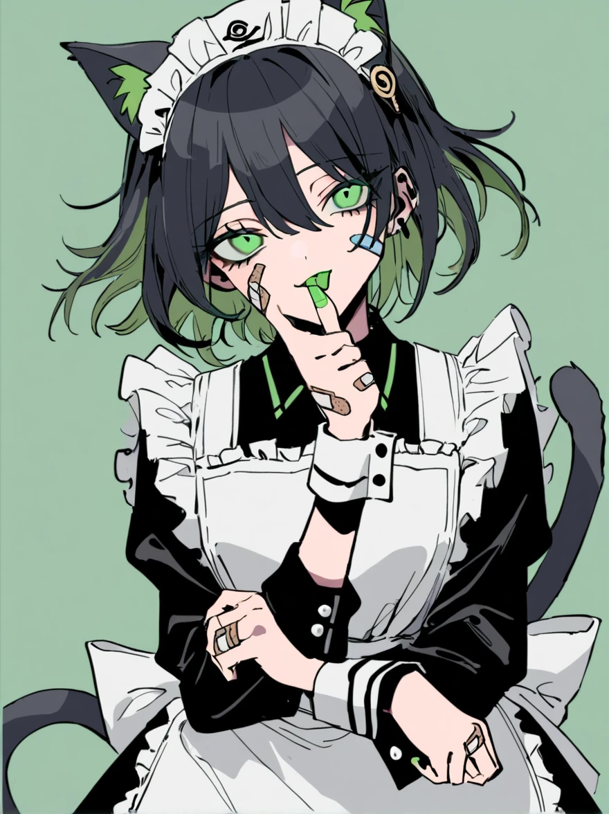 masterpiece, best quality,1girl, animal ears, solo, tail, green background, apron, bandaid, looking at viewer, maid, long sleeves, simple background, maid apron, green eyes, tongue, tongue out, dress, licking finger, black hair, hair between eyes, hand up, hat, licking, short hair, maid headdress, collared dress, frills, black dress, bandaid on hand, eye of horus, green lips, wrist cuffs, cat tail, bandaid on face, upper body, licking own arm, green tail, white apron, flipped hair, cat ears, arm behind back