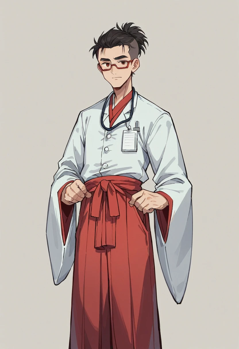best quality, masterpiece, highres, solo, (maki_bluearchive:1.10), (doctor's dress :1.35), (red hakama:1.35), (wide sleeves:1.20), 20 
