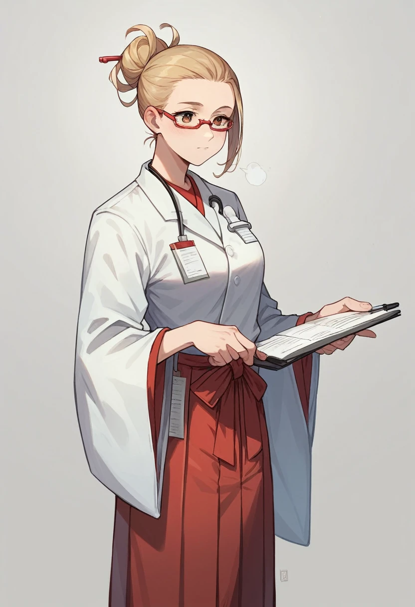 best quality, masterpiece, highres, solo, (maki_bluearchive:1.10), (doctor's dress :1.35), (red hakama:1.35), (wide sleeves:1.20), 20 
