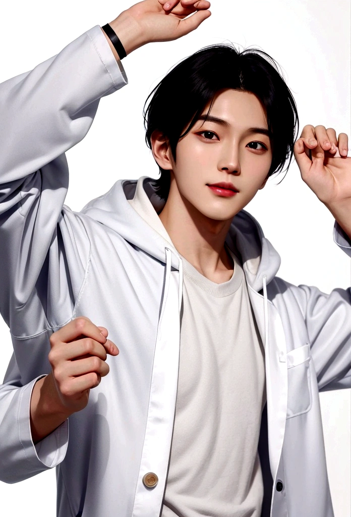 Shiny hair quality。Perm Hair。big smiling man, (Fair skin),(know),Iris,(Gender: Natural Face),(Japanese),long body,handsome young asian man, Japanese idol style, short clean-cut hair, ((center part)), white lab coat, black hoodie underneath, calm confident expression, hands in lab coat pockets, plain white background, portrait, high quality, detailed, 8K, Shin Jinyoung, , Won Bin Lee, Plain white background。