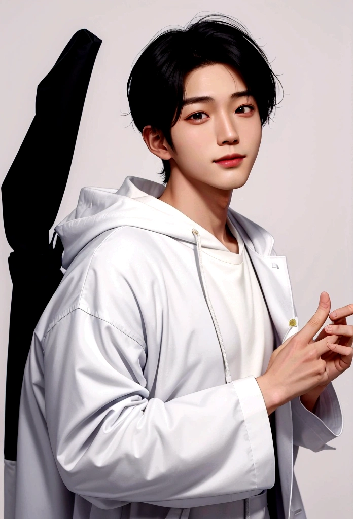Shiny hair quality。Perm Hair。big smiling man, (Fair skin),(know),Iris,(Gender: Natural Face),(Japanese),long body,handsome young asian man, Japanese idol style, short clean-cut hair, ((center part)), white lab coat, black hoodie underneath, calm confident expression, hands in lab coat pockets, plain white background, portrait, high quality, detailed, 8K, Shin Jinyoung, , Won Bin Lee, Plain white background。