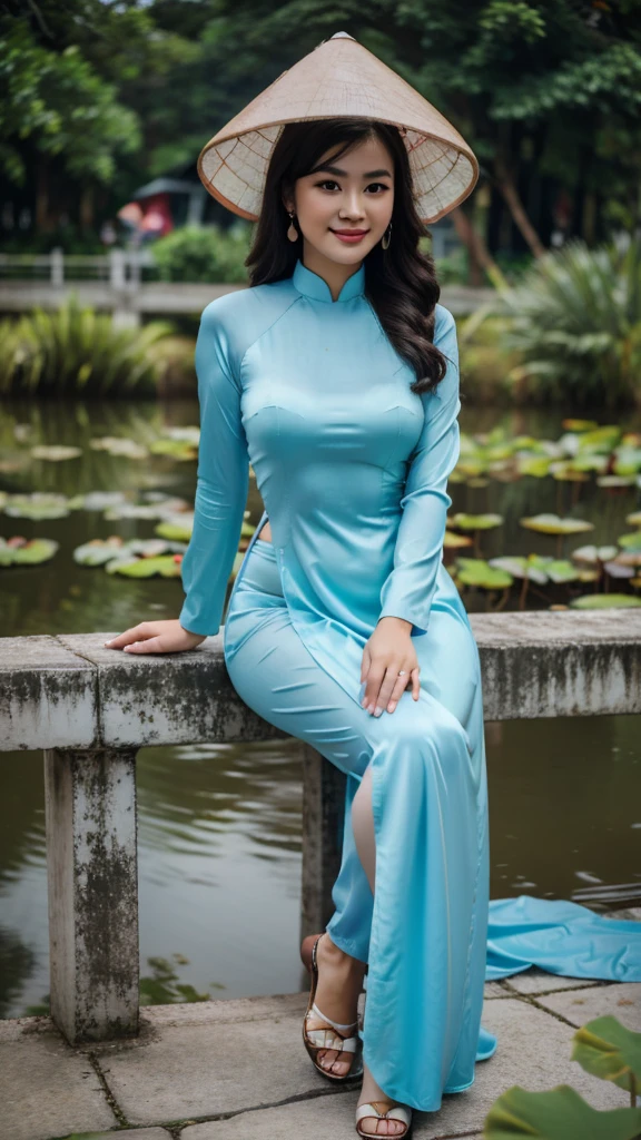 Detailed body, attractive body, perfect human body, realistic face,
(ultimate quality, masterpiece, highres:1.0), realistic:1.6, photorealistic,
[8k UHD photos, UHD high quality photos, Super detailed and super clear images],
Close-up of a Vietnamese girl with a detailed body, attractive body, perfect human body, realistic face,
(ultimate quality, masterpiece, highres:1.0), realistic:1.6, photorealistic,
[8k UHD photos, UHD high quality photos, Super detailed and super clear images],
Close-up of a Vietnamese girl with a beautiful face, tall and beautiful like a photo model,
, leggy, round face, big round eyes, Charming smile, Red lips, long curly eyelashes, big dimples, pointed chin, plump face, bright white skin, slim waist and long legs, wearing rings and earrings,
 Her face resembles Tuyet Linh, Tall and plump figure, wearing a super bright and shiny blue silk ao dai, sitting on the bridge side the lotus pond, cute pose,
Super shiny silk ao dai, wearing see-through ao dai, wearing red bra,