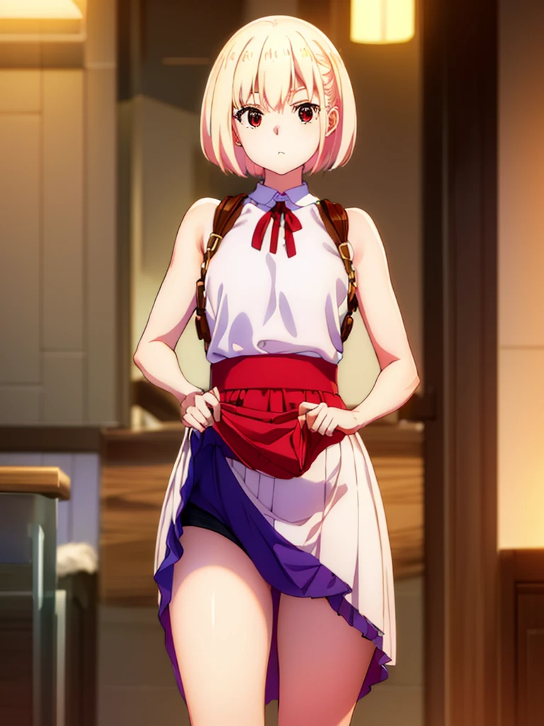 ,(Unbroken body),(Perfect body structure),(arms two),(legs two),highest quality, 4K, (High resolution:1.3) masterpiece, 1.2, Super detailed, HDR, Studio Lighting, Sharp Focus, Bright colors, Portrait, Warm tones, Soft Lighting,Skirt lift、Blonde、Medium Short Hair、Red Eye、