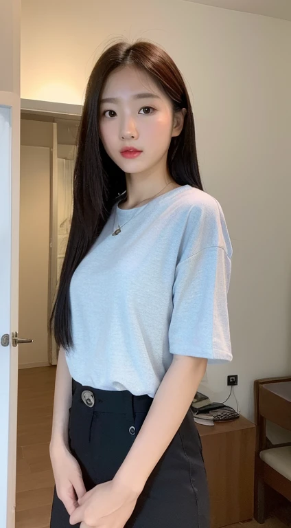 ((best quality, 8k, head of&#39;artwork :1.3)), the whole body, sharpness :1.2, A pretty woman with a perfect figure :1.4, Slim abs :1.2, ((Dark brown hair, big breasts :1.2)), body dress :1.1, (Night view of the city, Balcon moderne :1.1), Highly detailed face and skin texture, Detailed eyes, Double eyelid, Small bust, Uniforme OL, Bureau Wear, t-shirt blanc, Exposed neckline, (Black tights), (No panties), scene of&#39;interior, Bureau