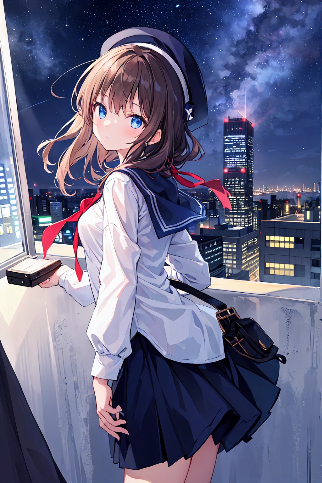 A girl stands on the roof of a skyscraper overlooking Tokyo late at night、High school student wearing a black and white sailor uniform，Hat with small sapphire accessory、Some Star Cream、Beautiful starry sky、Beautiful night view、blue eyes，Brown Hair，Small breasts
