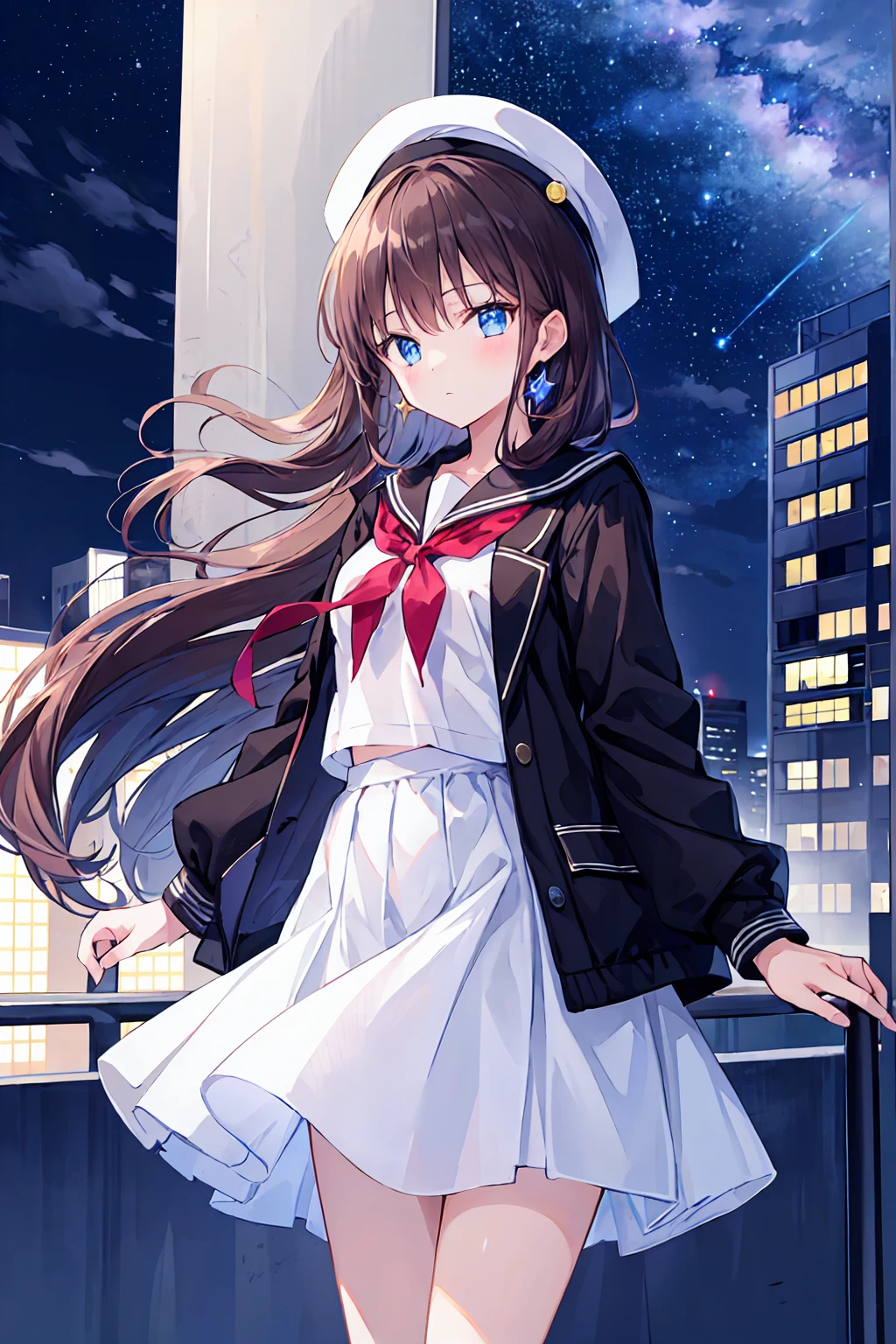 A girl stands on the roof of a skyscraper overlooking Tokyo late at night、High school student wearing a black and white sailor uniform，Hat with small sapphire accessory、Some Star Cream、Beautiful starry sky、Beautiful night view、blue eyes，Brown Hair，Small breasts