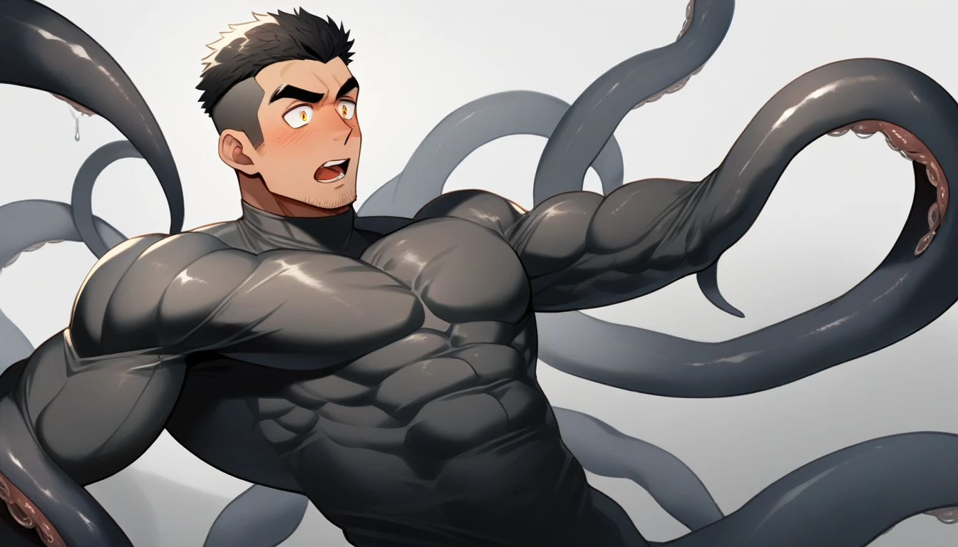 anime characters：Superhero in tights, negro black skin, He was entangled by a large number of thick black tentacles, Very stout, Lots of mucus, Wrap around the neck, Tightly tied, Manliness, male focus, Yellow and black high collar long sleeve tight T-shirt, Slightly transparent material, Very tight, Round, full and perky chest muscles, Male dog waist, Slightly transparent, muscular male, muscular, only, Upper body, alone, Black short hair, Thick eyebrows, stubble, Yellow eyes, Grey background, simple background, amazing quality, best aesthetics, Ridiculous, bright pupils, crew cut, parted lips, blush, open mouth, scared, drop shadow, best quality