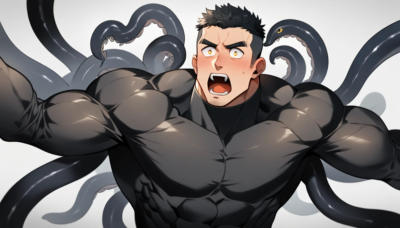 anime characters：Superhero in tights, negro black skin, He was entangled by a large number of thick black tentacles, Very stout, Lots of mucus, Wrap around the neck, Tightly tied, Manliness, male focus, Yellow and black high collar long sleeve tight T-shirt, Slightly transparent material, Very tight, Round, full and perky chest muscles, Male dog waist, Slightly transparent, muscular male, muscular, only, Upper body, alone, Black short hair, Thick eyebrows, stubble, Yellow eyes, Grey background, simple background, amazing quality, best aesthetics, Ridiculous, bright pupils, crew cut, parted lips, blush, open mouth, scared, drop shadow, best quality