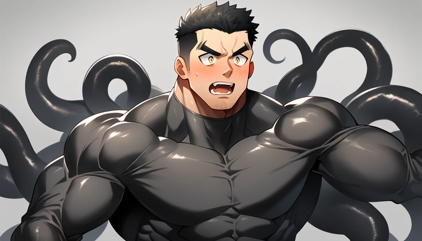 anime characters：Superhero in tights, negro black skin, He was entangled by a large number of thick black tentacles, Very stout, Lots of mucus, Wrap around the neck, Wrap around the waist, Tightly tied, Manliness, male focus, Yellow and black high collar long sleeve tight T-shirt, Slightly transparent material, Very tight, Round, full and perky chest muscles, Male dog waist, Slightly transparent, muscular male, muscular, only, Upper body, alone, Black short hair, Thick eyebrows, stubble, Yellow eyes, Grey background, simple background, amazing quality, best aesthetics, Ridiculous, bright pupils, crew cut, parted lips, blush, open mouth, scared, drop shadow, best quality