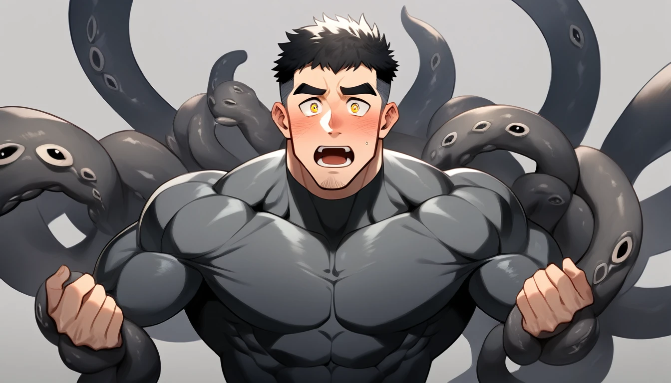 anime characters：Superhero in tights, negro black skin, He was entangled by a large number of thick black tentacles, Very stout, Lots of mucus, Wrap around the neck, Tightly tied, Manliness, male focus, Yellow and black high collar long sleeve tight T-shirt, Slightly transparent material, Very tight, Round, full and perky chest muscles, Male dog waist, Slightly transparent, muscular male, muscular, only, Upper body, alone, Black short hair, Thick eyebrows, stubble, Yellow eyes, Grey background, simple background, amazing quality, best aesthetics, Ridiculous, bright pupils, crew cut, parted lips, blush, open mouth, scared, drop shadow, best quality