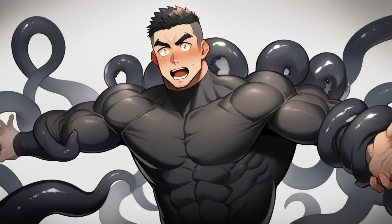 anime characters：Superhero in tights, negro black skin, He was entangled by a large number of thick black tentacles, Very stout, Lots of mucus, Wrap around the neck, Tightly tied, Manliness, male focus, Yellow and black high collar long sleeve tight T-shirt, Slightly transparent material, Very tight, Round, full and perky chest muscles, Male dog waist, Slightly transparent, muscular male, muscular, only, Upper body, alone, Black short hair, Thick eyebrows, stubble, Yellow eyes, Grey background, simple background, amazing quality, best aesthetics, Ridiculous, bright pupils, crew cut, parted lips, blush, open mouth, scared, drop shadow, best quality