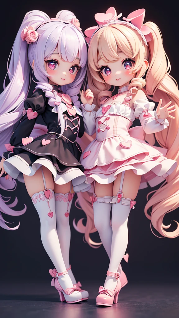 ((petite bishojo, little 2girls)), ((cute face)), ((heart shaped pupils)), ((masterpiece)), ((best quality)), ((ultra detailed)), ((exquisite)), ((depth)), ((crisp)), ((16k)), ((beautiful and aesthetic)), ((super detailed skin)), ((high standard)), ((highres)), ((perfect anatomy)), (full body), (blush), (lipstick), ((dolly)), ((kawaii pose)), (white, blue, black), (perfect fingers)