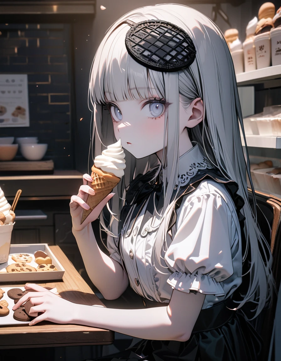 (8K, best quality, master piece: 1.2),super high resolution,1 girl,solo,16yo,ultra-detailed face,detailed eyes,silver eyes,blunt bangs,silver hair,Straight hair,Long hair,pale skin,white short sleeve petal collar blouse,black tiered skirt,(black Fascinator),expressionless,lash extension,parted lips,rim light,perfect hands, perfect fingers,(holding one soft serve ice cream on a cat decoration cookie),Looking at viewer,sitting on chair,indoors soft serve ice cream shop