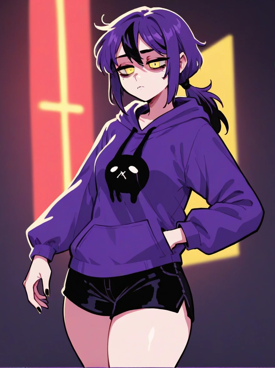Furred dragon, 1 girl, undersized black hoodie, massive breasts, black body fur, red glowing eyes, Shadow Sword ,Dark area, dark aura, smiling, looking at you, blushing, synthwave area, No underwear, clotheless