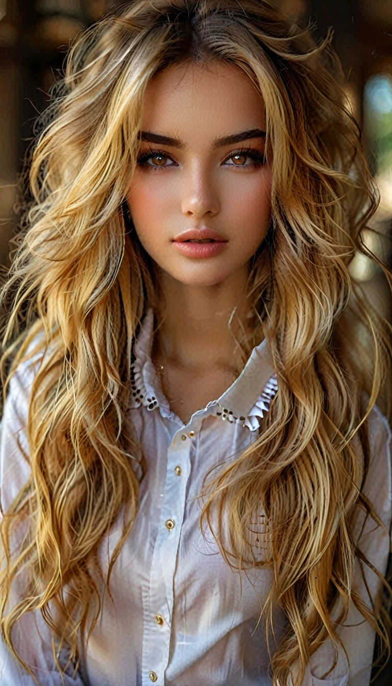 A, 1 girl americana joven de 12 sños de edad, Beautifull, Alone,  your voice is clear, el Long blonde hair, long and blond hair,with a subtle rosy glow on her cheeks, and carries himself with an air of elegance and poise. His eyebrows are arched and well groomed.., and her eyelashes are long and dark, highlighting her captivating brown eyes. Despite his elegant demeanor, there is an underlying force in his gaze. girl, hits, Beautifull, blurred background, Brown eyes, Brown hair, long blonde hair, See your viewers, Look for, collar, Long blonde hair, realist, shirt without , alone, Upper part of the body, wavy fur, wind