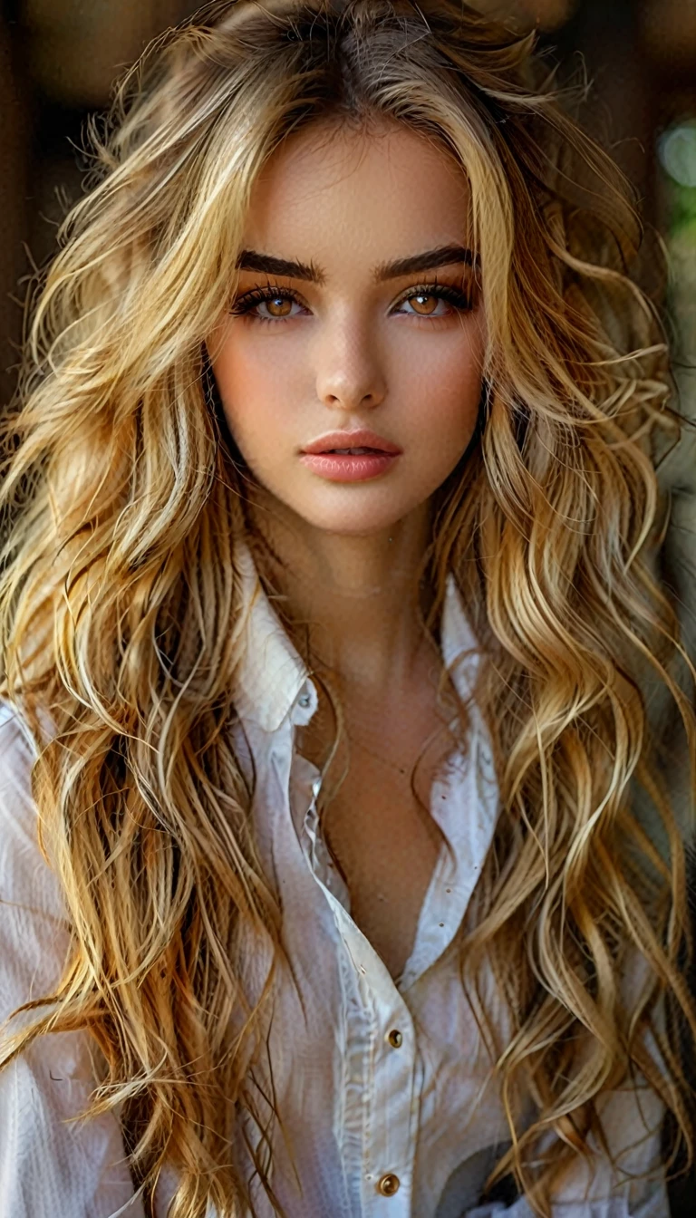 A, 1 girl americana joven de 12 sños de edad, Beautifull, Alone, your voice is clear, el Long blonde hair, long and blond hair,with a subtle rosy glow on her cheeks, and carries himself with an air of elegance and poise. His eyebrows are arched and well groomed.., and her eyelashes are long and dark, highlighting her captivating brown eyes. Despite his elegant demeanor, there is an underlying force in his gaze. girl, hits, Beautifull, blurred background, Brown eyes, Brown hair, long blonde hair, See your viewers, Look for, collar, Long blonde hair, realist, shirt without , alone, Upper part of the body, wavy fur, wind