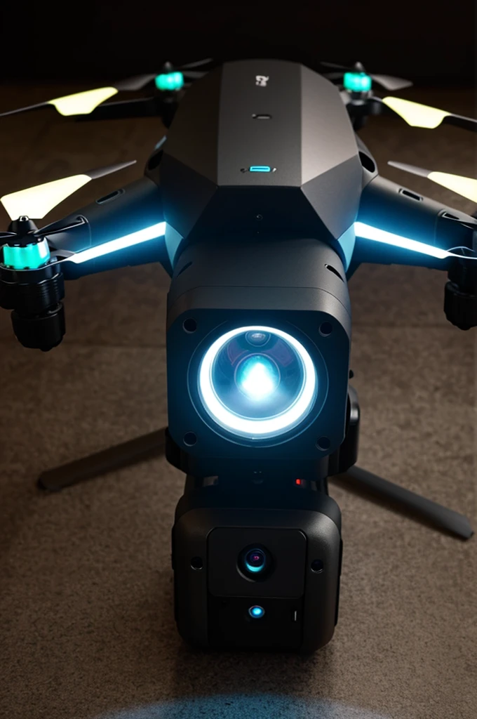 1 drone facing camera with turrets each side with a ed glow on its camera