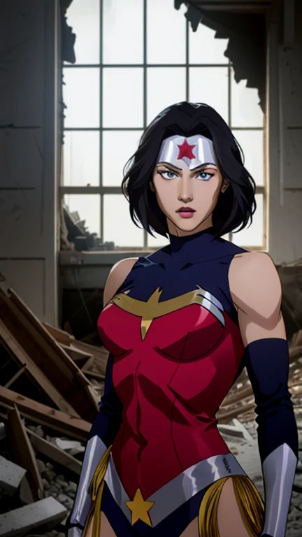 Superwoman, Wonder Woman, Have a fit body, Standing in a partially destroyed building in a powerful pose. She was wearing a red and blue dress，It has gold details on it, He wears a golden crown on his head，There is a red star in the middle. His black hair fell on his shoulders, His expression was serious and firm. The light comes from a high window on the right., Against the backdrop of columns and tall windows，Highlights its grandeur, Pretty Face, woman, Surreal,  RAW photos, (Very delicate skin: 1.2), 8K Ultra HD, Digital SLR Camera, Soft lighting, high quality, Film Grain, Fuji XT3.