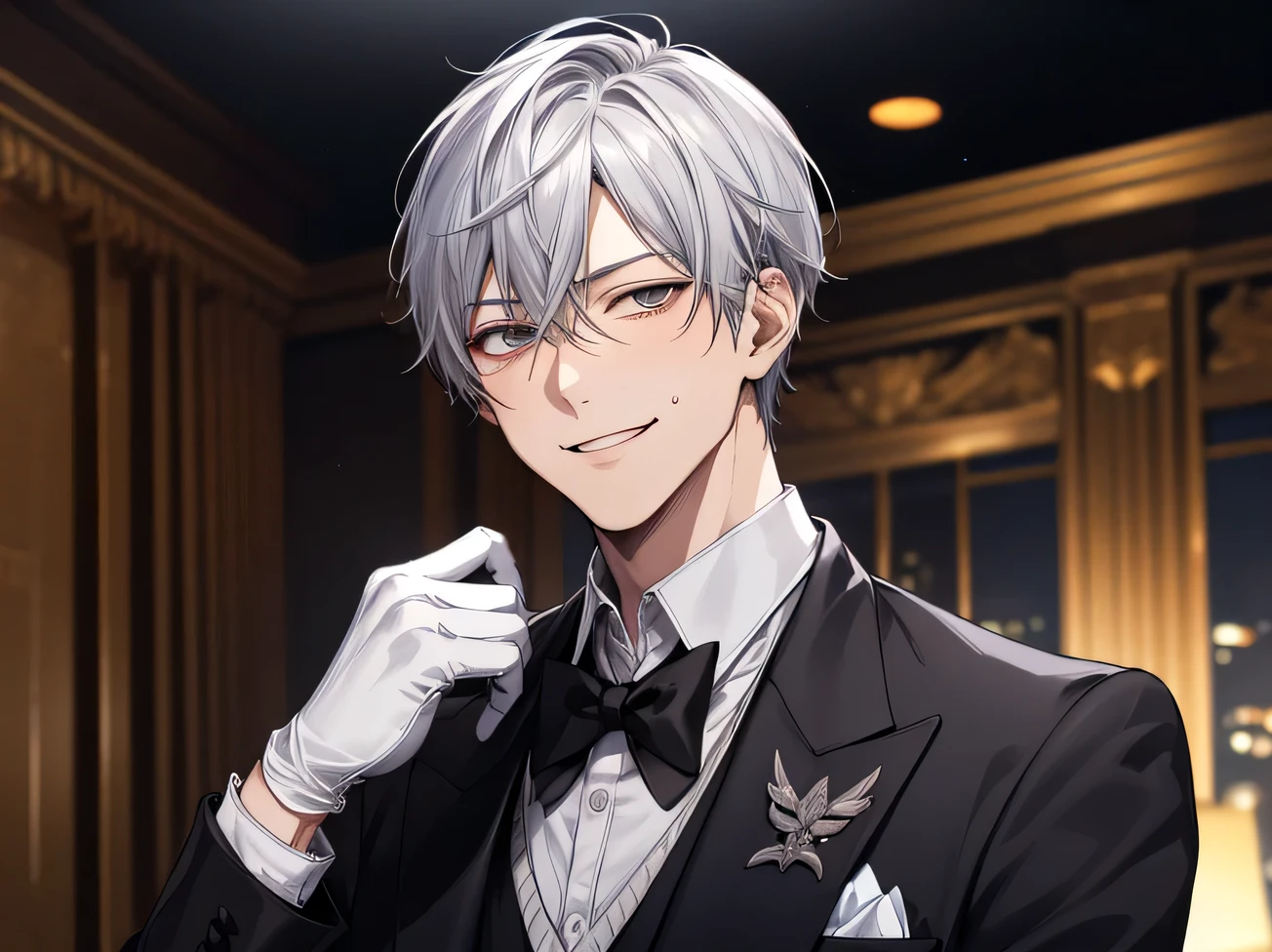 (Dark Room)、Exterior lightsが差し込む,Exterior lights,Dynamic Angle,masterpiece,Face close-up,Angle from below,male, 40 years old,(male1 person)、alone,Adult,Sharp Eye,Evil ,Gray Hair,,Kakiage,Nice black tuxedo,sweating,,smile,An inappropriate,Wear white gloves, smile,Background Spotlight,Background: Apartment room,night,