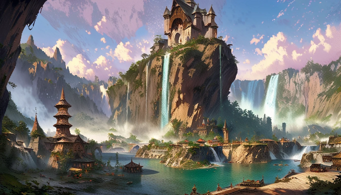 Alpha view of a waterfall with a tower and waterfall in the background., fantasy matte painting,Cute, landscape, matte painting game art, illustration matte painting, dota! Concept art of matte painting, dota Concept art of matte painting, 2. 5D CGI anime fantasy work of art, Dreamy matte paintings, fantasy matte painting, avatar landscape, matte painting game card