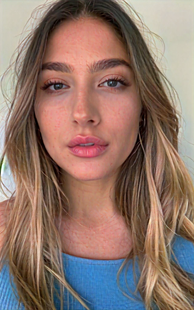 A girl of about 20-25 years old with refined facial features. She has large, expressive eyes the color of the bright blue ocean, with long, thick lashes. Her skin is flawlessly smooth and radiant, with a slight pink blush on her cheeks. Her nose is straight and neat, and her lips are full and soft, with a natural pink hue. Her cheekbones are high, emphasizing the grace of her face. Her hair is long, silky and lustrous, the color of deep chestnut, falling in soft waves over her shoulders. Her figure is slender and trim, with perfect proportions and long, graceful legs. She is dressed in an elegant dress that emphasizes her figure, with exquisite details and accessories. Upper body selfie photo, instagramm