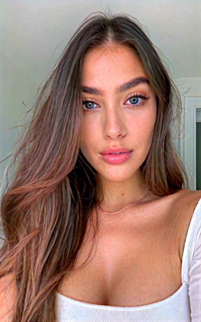 A girl of about 20-25 years old with refined facial features. She has large, expressive eyes the color of the bright blue ocean, with long, thick lashes. Her skin is flawlessly smooth and radiant, with a slight pink blush on her cheeks. Her nose is straight and neat, and her lips are full and soft, with a natural pink hue. Her cheekbones are high, emphasizing the grace of her face. Her hair is long, silky and lustrous, the color of deep chestnut, falling in soft waves over her shoulders. Her figure is slender and trim, with perfect proportions and long, graceful legs. She is dressed in an elegant dress that emphasizes her figure, with exquisite details and accessories. Upper body selfie photo, instagramm