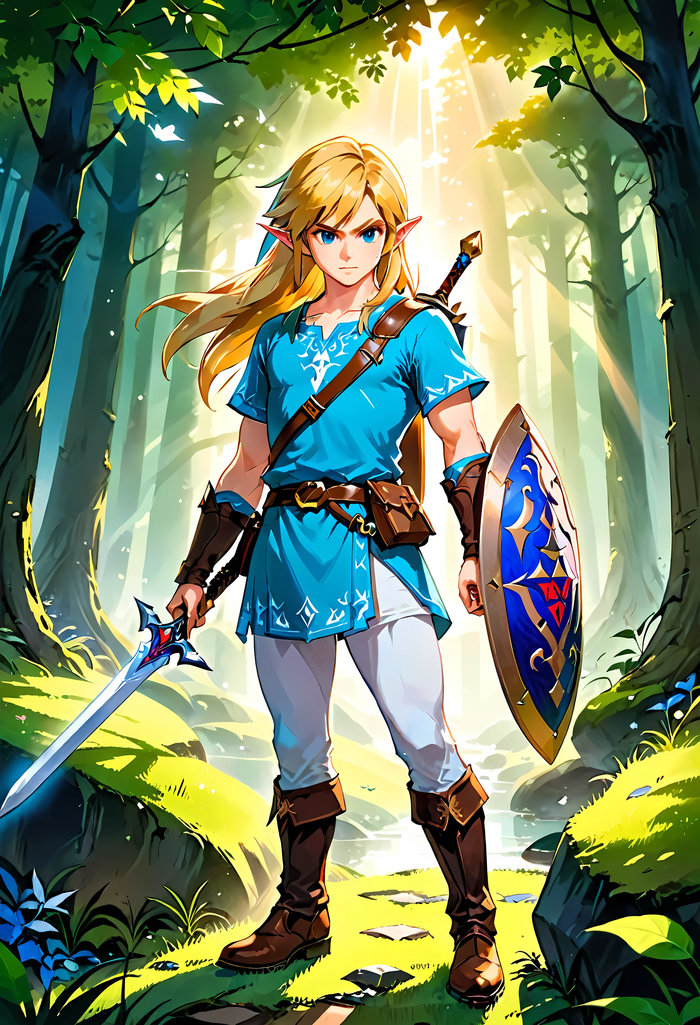 Create a breathtaking, ultra-high-definition image in 16K resolution that captures the essence of high fantasy and adventure, inspired by the creator's original art style from The Legend of Zelda. | Visualize Link, the iconic hero, with his signature green tunic, brown boots, and leather gauntlets. His blonde hair should be slightly tousled, and his determined blue eyes should reflect both his courage and readiness for the journey ahead. Link's ears are pointed, adding to his elf-like appearance, and his expression is one of focus and bravery. | He is equipped with his Master Sword and Hylian Shield, both meticulously detailed to highlight their legendary status. The backdrop is a lush, enchanted forest bathed in the soft glow of twilight, with rays of light filtering through the dense canopy, casting ethereal shadows and highlights. The scene should include subtle elements from the Zelda universe, like faintly glowing ruins or distant, mystical creatures, adding depth and a sense of magic to the environment. | Capture Link in a dynamic pose as he stands on a moss-covered rock, ready for battle. The camera angle is slightly low, emphasizing his heroic stature and the readiness in his stance. His muscular arms and the firmness of his grip on the sword portray his strength and determination. Strategic lighting illuminates his face and armor, casting a heroic glow that highlights the details of his outfit and the textures of his surroundings. The overall ambiance should integrate vibrant colors and rich details, creating a sense of depth and immersion in the fantasy world. Ensure anatomical correctness, with a focus on ultra-detailed textures and high-quality rendering, capturing every nuance of Link's appearance and gear in stunning clarity. This masterpiece should embody the spirit of adventure and heroism, immersing viewers in its lifelike depiction.| ((anatomical correctness)), ((perfect_composition, perfect_design, perfect_layout, perfect_detail, ultra_detailed)).