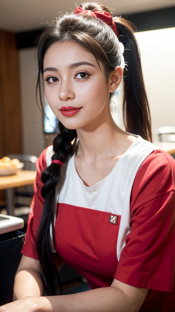 Create an image of a young Latina woman working in a fast food restaurant in New York City. She has warm brown eyes that reflect her friendly and hardworking nature, framed by expressive brows. Her face is heart-shaped, with a sprinkling of freckles across her cheeks that add to her youthful charm. Her lips are full and often painted with a bright red lipstick, adding a pop of color to her appearance. She wears her dark hair pulled back in a ponytail, practical yet stylish for her job. Dressed in a fast food uniform, she wears a bright smile as she serves customers with efficiency and kindness. Capture the essence of this random NYC Latina fast food worker in a portrayal that reflects her warmth, resilience, and vibrant personality, aesthetic, iconic quality, very inspirational, positive, glowing, rich detail, deep colors, cute, magical, mystical, engaging, vivid, dynamic composition, epic, grand elaborate, detailed, creative, ambient light, cinematic, focus, highly professional, original, exposed, enhanced, fabulous background, fine, stunning, illuminated, amazing, marvelous, awesome