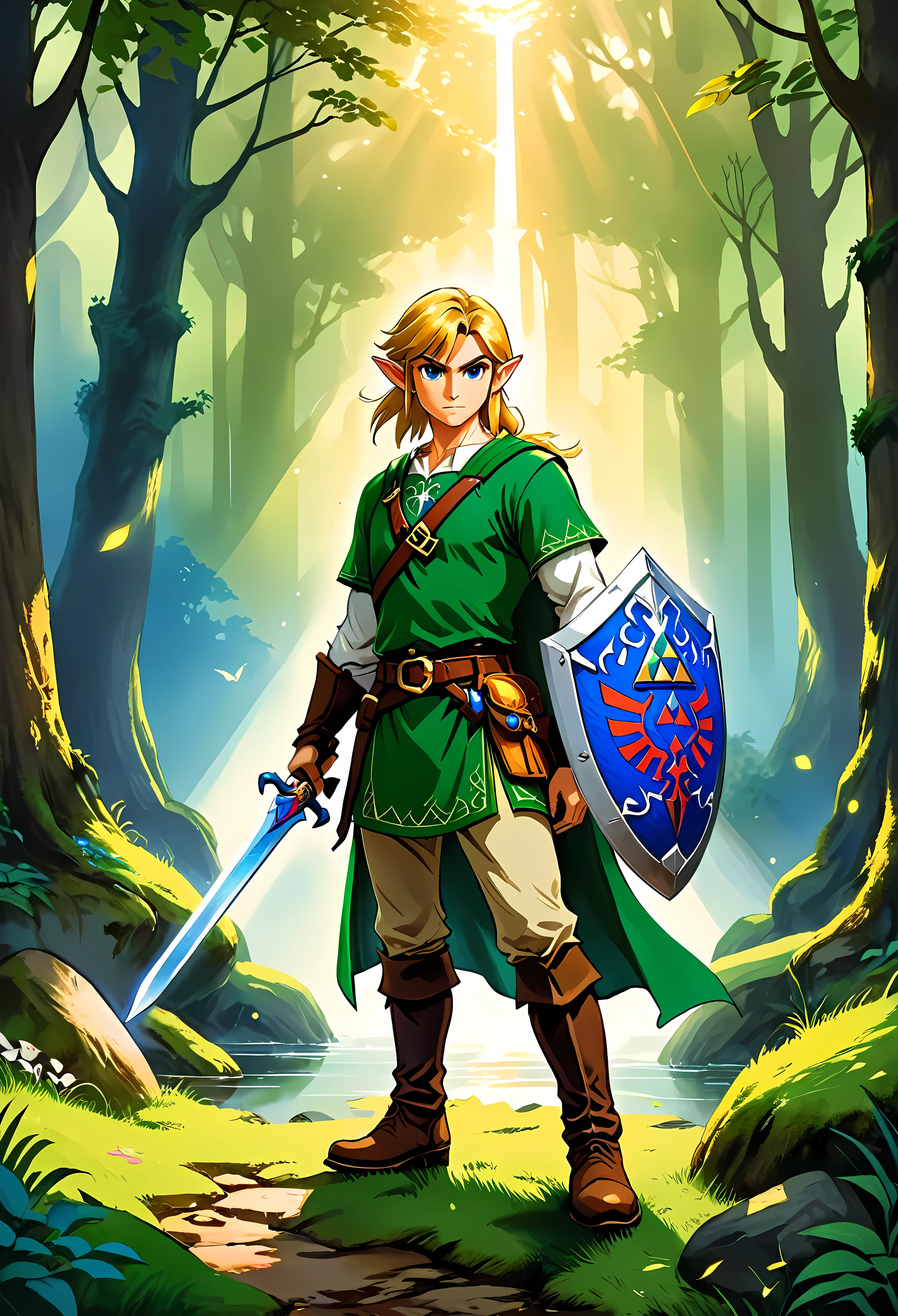 Create a breathtaking, ultra-high-definition image in 16K resolution that captures the essence of high fantasy and adventure, inspired by the creator's original art style from The Legend of Zelda. | Visualize Link, the iconic hero, with his signature green tunic, brown boots, and leather gauntlets. His blonde hair should be slightly tousled, and his determined blue eyes should reflect both his courage and readiness for the journey ahead. Link's ears are pointed, adding to his elf-like appearance, and his expression is one of focus and bravery. | He is equipped with his Master Sword and Hylian Shield, both meticulously detailed to highlight their legendary status. The backdrop is a lush, enchanted forest bathed in the soft glow of twilight, with rays of light filtering through the dense canopy, casting ethereal shadows and highlights. The scene should include subtle elements from the Zelda universe, like faintly glowing ruins or distant, mystical creatures, adding depth and a sense of magic to the environment. | Capture Link in a dynamic pose as he stands on a moss-covered rock, ready for battle. The camera angle is slightly low, emphasizing his heroic stature and the readiness in his stance. His muscular arms and the firmness of his grip on the sword portray his strength and determination. Strategic lighting illuminates his face and armor, casting a heroic glow that highlights the details of his outfit and the textures of his surroundings. The overall ambiance should integrate vibrant colors and rich details, creating a sense of depth and immersion in the fantasy world. Ensure anatomical correctness, with a focus on ultra-detailed textures and high-quality rendering, capturing every nuance of Link's appearance and gear in stunning clarity. This masterpiece should embody the spirit of adventure and heroism, immersing viewers in its lifelike depiction.| ((anatomical correctness)), ((perfect_composition, perfect_design, perfect_layout, perfect_detail, ultra_detailed)).