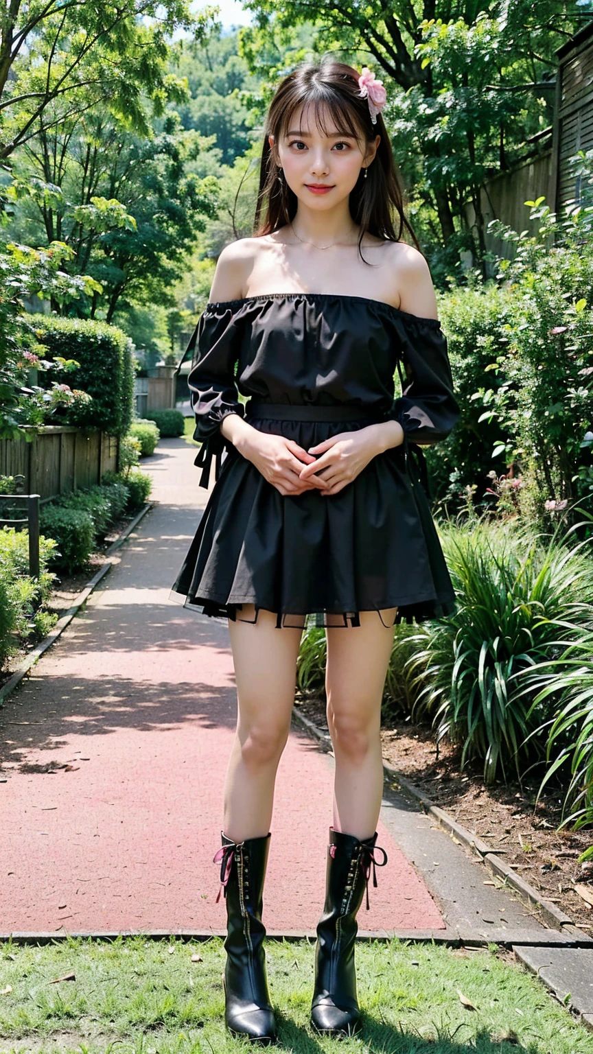 (8K、RAW Photos、Highest quality、masterpiece:1.2)、(Highest quality、Realistic)、1 Girl、((Frills、See-through、Off the shoulder、tights、pink and black mini skirt、Thin legs、whole body、boots、garden、View from the front、Looking into the camera、Ribbon Idol Costume、、Stand with hands on hips))、cute