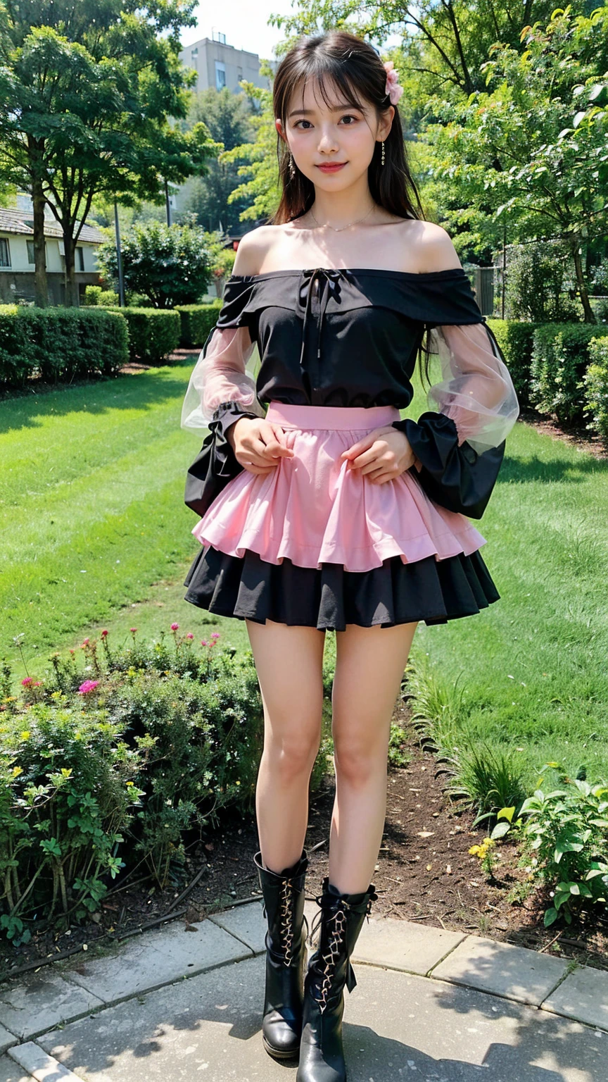 (8K、RAW Photos、Highest quality、masterpiece:1.2)、(Highest quality、Realistic)、1 Girl、((Frills、See-through、Off the shoulder、tights、pink and black mini skirt、Thin legs、whole body、boots、garden、View from the front、Looking into the camera、Ribbon Idol Costume、、Stand with hands on hips))、cute