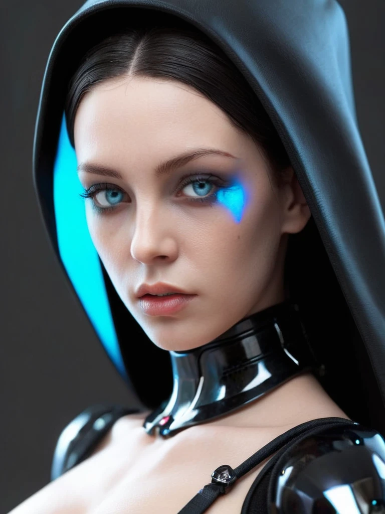 ral-opal, meahophontron, Beautiful robot woman, devil face, Blue eyes, cyberpunk, Ropa Monja is sexy, negro, looking to the camera, nun clothes, body closeup (looking to the camera), realist, beautiful woman, cara sexy, black and white clothes, outfit monja.