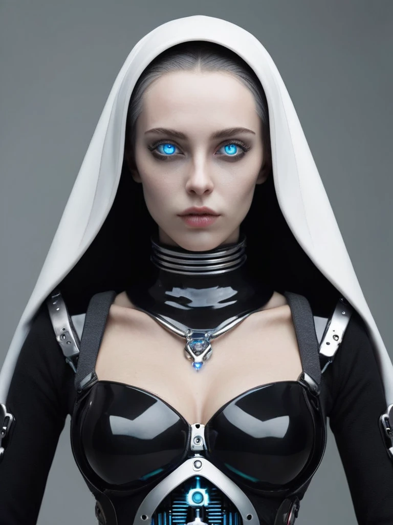 ral-opal, meahophontron, Beautiful robot woman, devil face, Blue eyes, cyberpunk, Ropa Monja is sexy, negro, looking to the camera, nun clothes, body closeup (looking to the camera), realist, beautiful woman, cara sexy, black and white clothes, outfit monja.