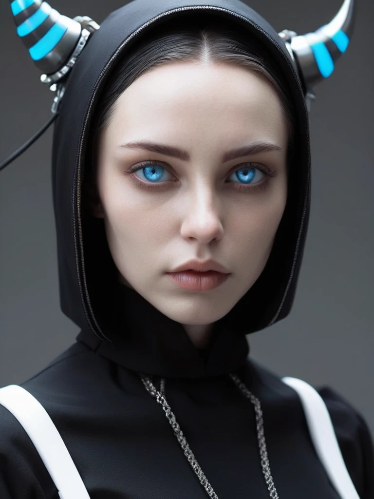 ral-opal, meahophontron, Beautiful robot woman, devil face, Blue eyes, cyberpunk, Ropa Monja is sexy, negro, looking to the camera, nun clothes, body closeup (looking to the camera), realist, beautiful woman, cara sexy, black and white clothes, outfit monja.