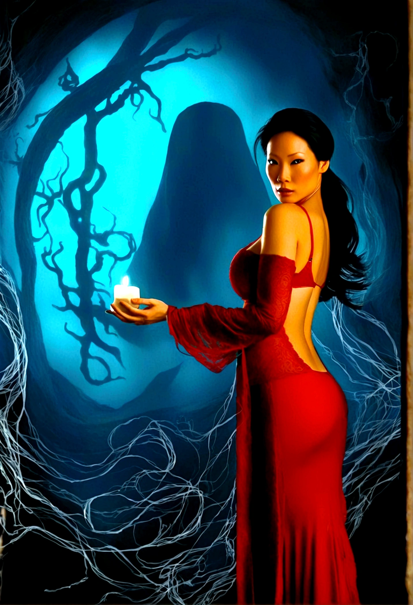 Lucy Liu, age 25, (bright red sexy asian witch lingerie (stomach exposed, breast drapes) wielding spells (strips of paper with kanji), approaching a spooky ghost with many tentacles
