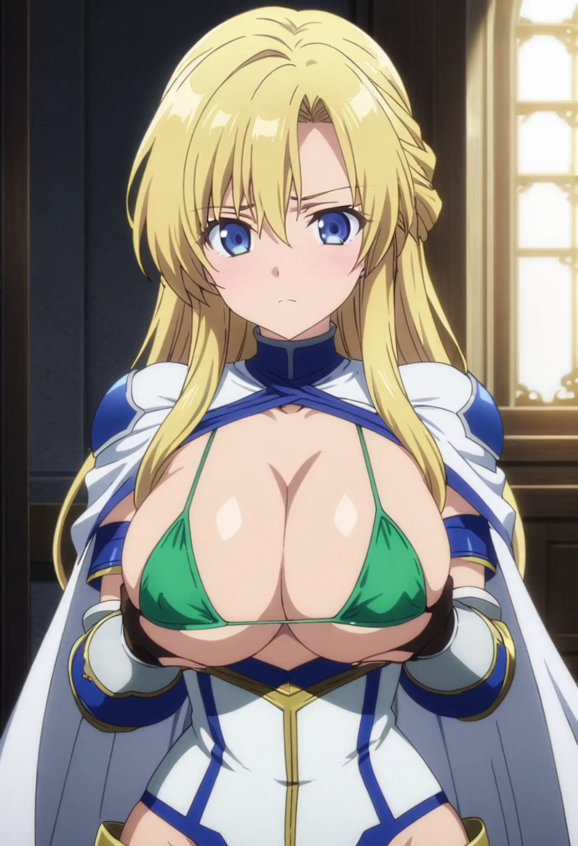 score_9, score_8_up, score_7_up,,BREAK source_anime, from front,,breast front view,standing,straight on,upperbody.,1girl, celes chere, final fantasy.blonde hair, blue eyes, ( micro bikini,green bikini),large breasts,cleavage,pointy breasts,,, white cape, vambraces,bracer, very long hair, bangs, closed mouth,.tundere,,, (best quality),(aesthetic,very aesthetic),masterpiece, highres, (anime screenshot:0.5),contrapost,graceful posture,lean but curvy body, slender waist, round hips, willowy limbs,breast lift