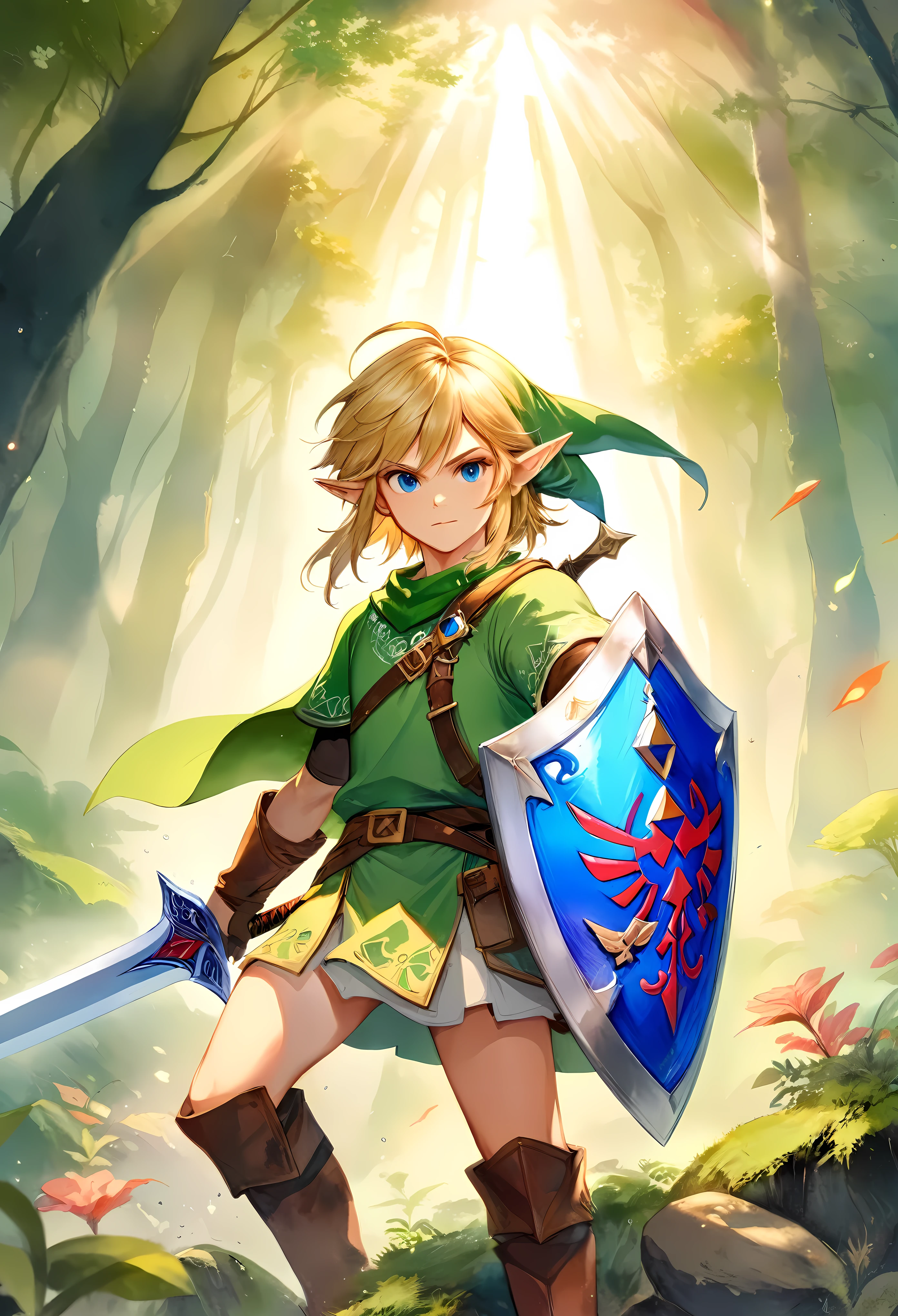 Create a breathtaking, ultra-high-definition image in 16K resolution that captures the essence of high fantasy and adventure, inspired by the creator's original art style from The Legend of Zelda. | Visualize Link, the iconic hero, with his signature green tunic, brown boots, and leather gauntlets. His blonde hair should be slightly tousled, and his determined blue eyes should reflect both his courage and readiness for the journey ahead. Link's ears are pointed, adding to his elf-like appearance, and his expression is one of focus and bravery. | He is equipped with his Master Sword and Hylian Shield, both meticulously detailed to highlight their legendary status. The backdrop is a lush, enchanted forest bathed in the soft glow of twilight, with rays of light filtering through the dense canopy, casting ethereal shadows and highlights. The scene should include subtle elements from the Zelda universe, like faintly glowing ruins or distant, mystical creatures, adding depth and a sense of magic to the environment. | Capture Link in a dynamic pose as he stands on a moss-covered rock, ready for battle. The camera angle is slightly low, emphasizing his heroic stature and the readiness in his stance. His muscular arms and the firmness of his grip on the sword portray his strength and determination. Strategic lighting illuminates his face and armor, casting a heroic glow that highlights the details of his outfit and the textures of his surroundings. The overall ambiance should integrate vibrant colors and rich details, creating a sense of depth and immersion in the fantasy world. Ensure anatomical correctness, with a focus on ultra-detailed textures and high-quality rendering, capturing every nuance of Link's appearance and gear in stunning clarity. This masterpiece should embody the spirit of adventure and heroism, immersing viewers in its lifelike depiction.| ((anatomical correctness)), ((perfect_composition, perfect_design, perfect_layout, perfect_detail, ultra_detailed)).