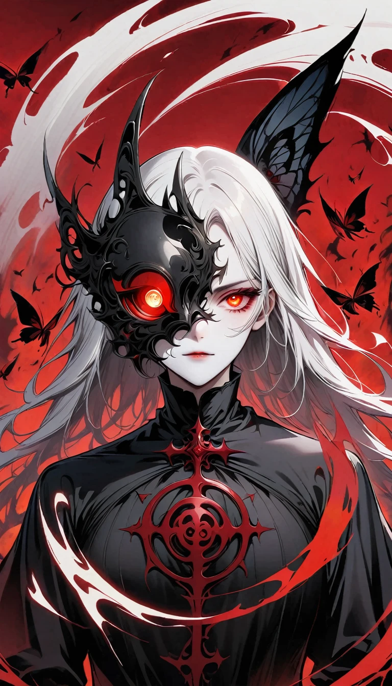 Blurred outline of existence, bright white eyes, Red background, All Black Spikes头发, Blurred outline of existence, Fully white glowing eyes, Red background, All Black Spikes，Red rose，Fire  butterflys
