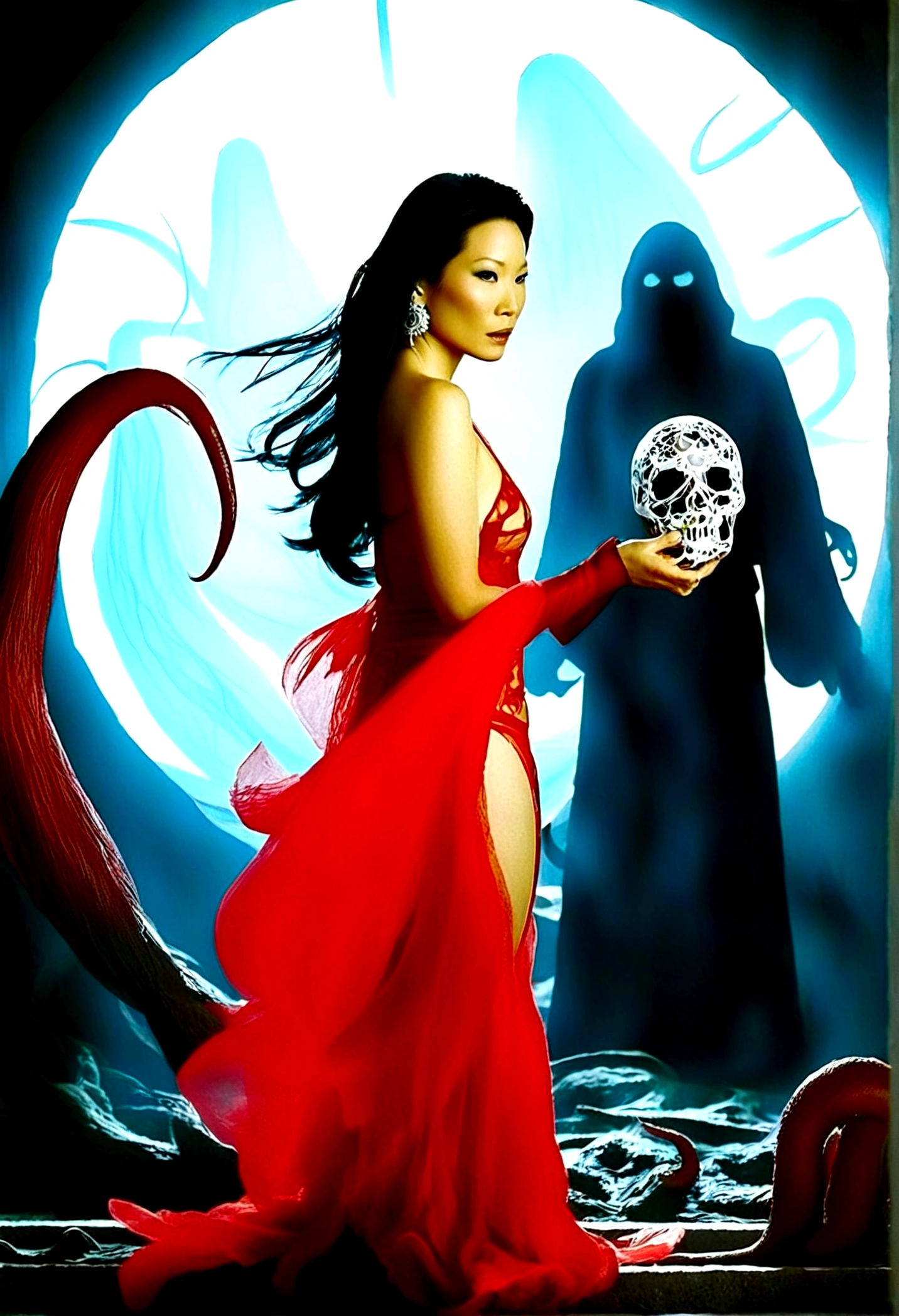 Lucy Liu, age 25, (bright red sexy asian witch lingerie (stomach exposed, breast drapes) wielding spells (strips of paper with kanji), approaching a spooky ghost with many tentacles
