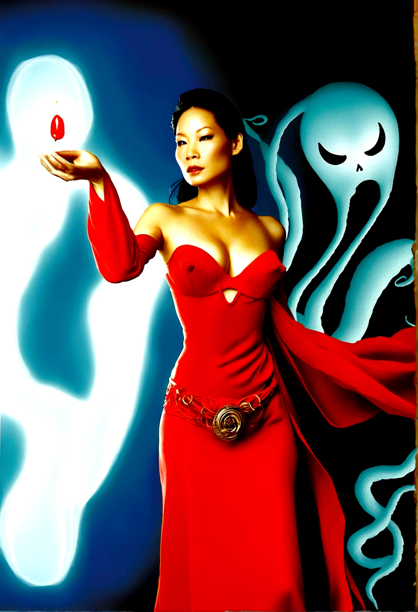 Lucy Liu, age 25, (bright red sexy asian witch lingerie (stomach exposed, breast drapes) wielding spells (strips of paper with kanji), approaching a spooky ghost with many tentacles
