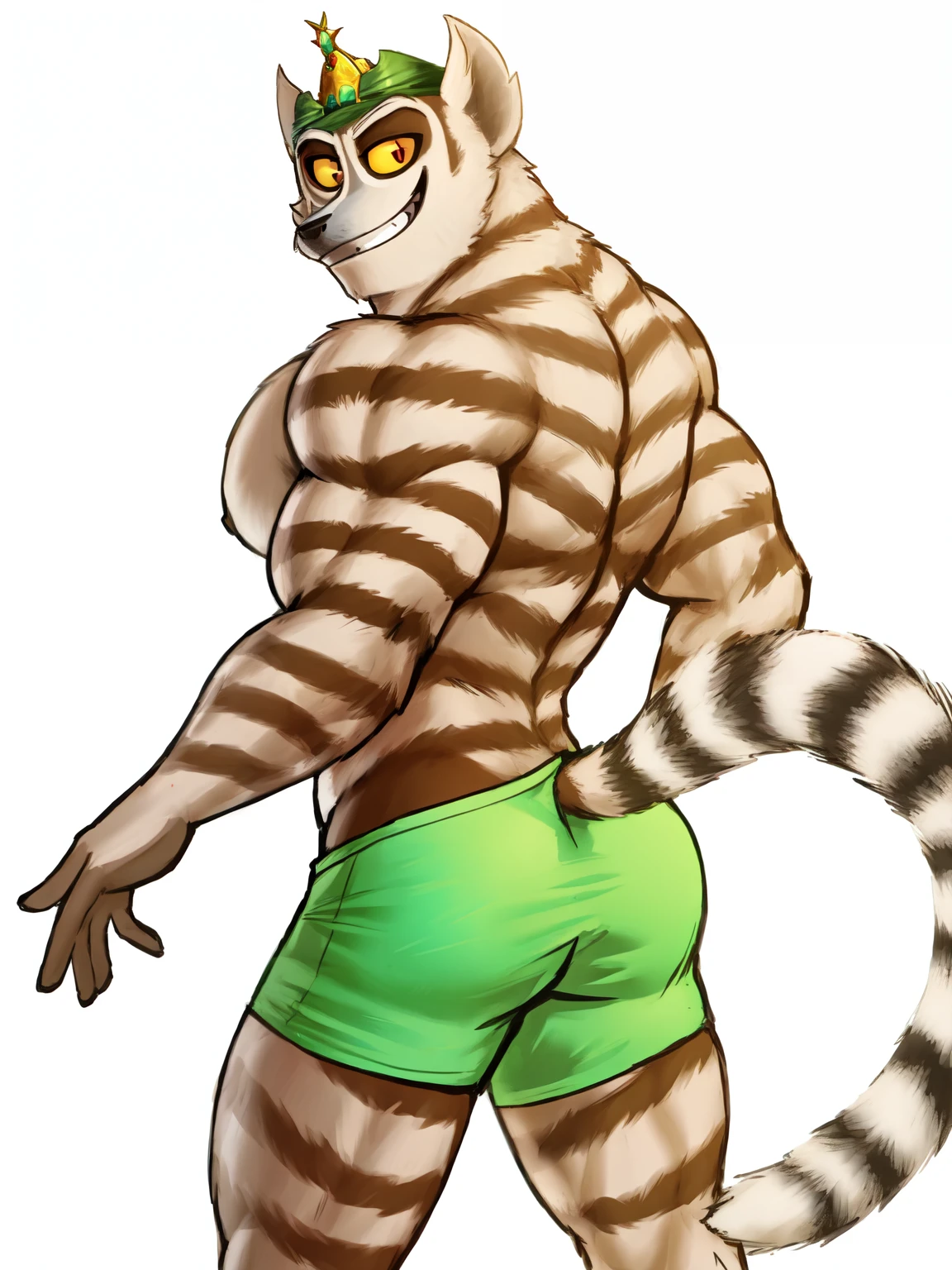 1boy, male furry, solo, masculine, King Julien, Ring Tailed Lemur, lemur tail, crown, yellow sclera, muscular, lobo, the second, large pectorals, venous muscles, Huge muscles, flexing, smilin
BREAK
(masterpiece, highly detailed, intricate:1.1),