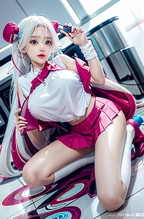 Anime girl sitting on the floor,Long white hair,Holding a mobile phone, From Girl Front, Fleet Collection Style, Fine details. Women's Front, Girls Frontline style, Attractive anime girl, (Virus) Work, Girls Frontline CG, Azur route style, Anime girl squatting, Thickness, Women's Front, Beautiful anime girl squatting