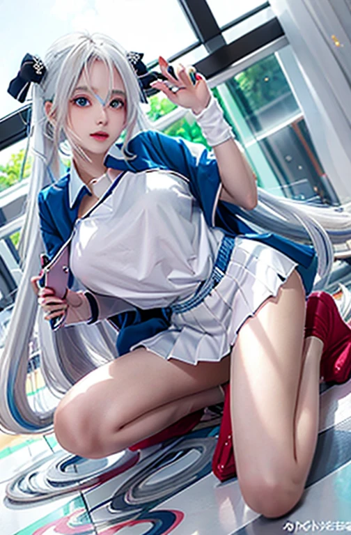Anime girl sitting on the floor,Long white hair,Holding a mobile phone, From Girl Front, Fleet Collection Style, Fine details. Women's Front, Girls Frontline style, Attractive anime girl, (Virus) Work, Girls Frontline CG, Azur route style, Anime girl squatting, Thickness, Women's Front, Beautiful anime girl squatting